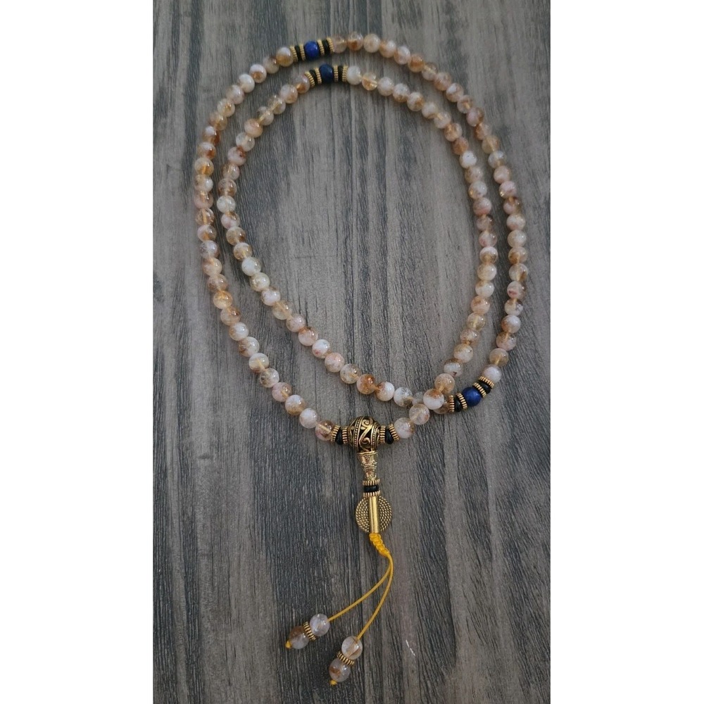 30" Boho Faceted Beaded Necklace Cream Peach Blue Gold Tone Tassel Pendant Pouch